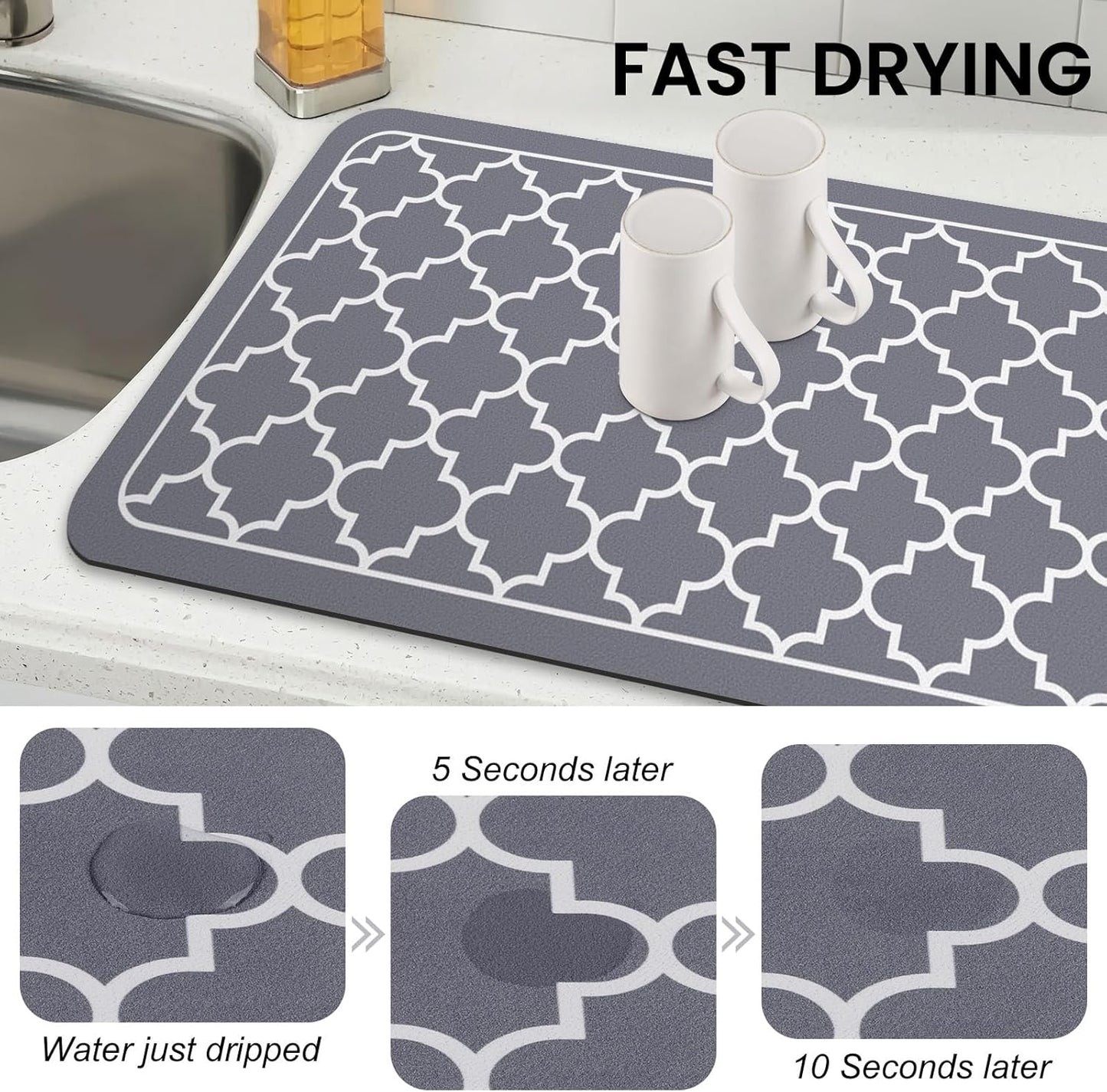 WISELIFE Dish Drying Mat Super Absorbent Drying Mat Large Dish Drying Mats for Kitchen Counter Easy Clean Dish Mat Kitchen Drying Mat15"x 18" Stylish Grey