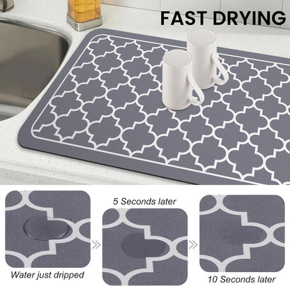 WISELIFE Dish Drying Mat Super Absorbent Drying Mat Large Dish Drying Mats for Kitchen Counter Easy Clean Dish Mat Kitchen Drying Mat15"x 18" Stylish Grey