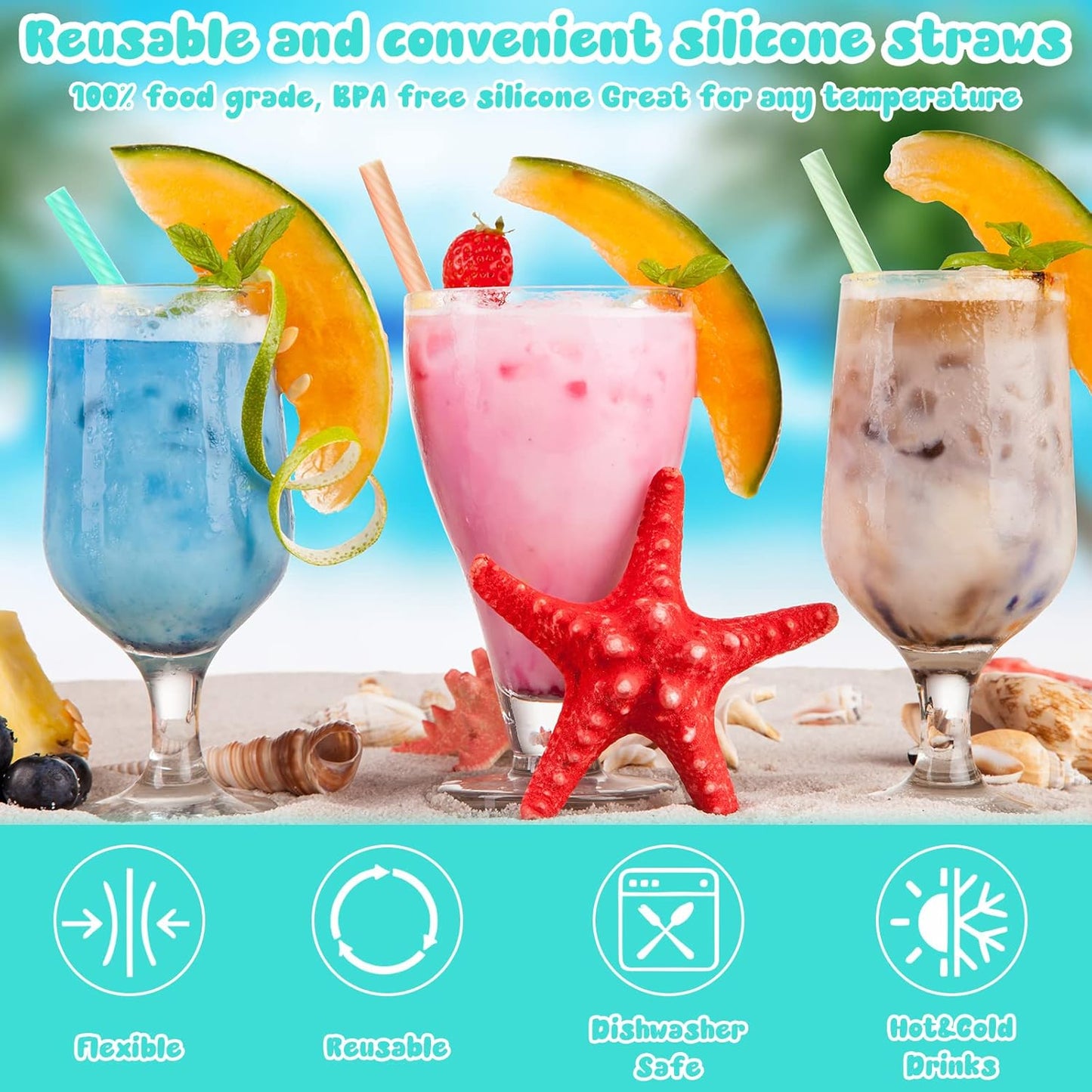 Meanplan 8 Set Cruise Ship Essentials,Silicone Straws with Case Reusable Foldable Portable Drinking Straw for Party Travel Cold or Hot with Carry Case and Cleaning Brushes (Rainbow Colors)