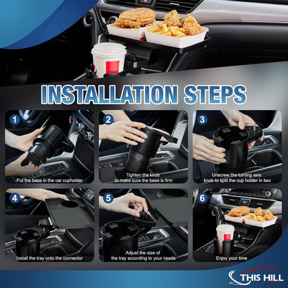 This Hill Cup Holder Tray for Car, 2 in 1 Detachable Car Food Table Tray with Solid Base & Phone Slot,Car Cup Holder Expander with 360°Rotation Tray for Travel Road Essentials