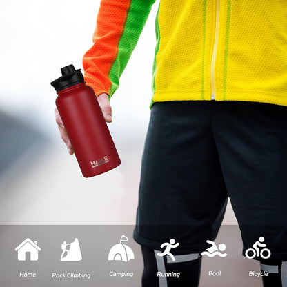 HASLE OUTFITTERS 32 oz Insulated Water Bottle Stainless Steel Double Walled Vacuum Sports Water Bottle with 2 Lids (Straw and Spout Lid) for Gym Camping Hiking(Black,1)