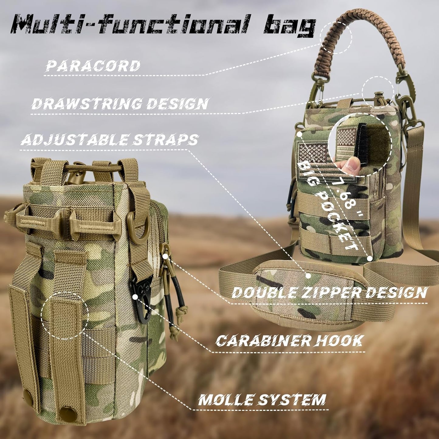 32 oz Insulated Water Bottle with Sleeve - Tactical Stainless Steel Gym Water Bottles for Men, Sports Water Bottle for Hiking Camping Outdoor with Camo Pouch