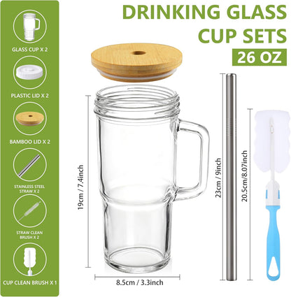 2Pack 40OZ Glass Tumbler with Handle,Glass Cup with Lid and Straw,Reusable Glass Iced Coffee Cup for Beer, Smoothies, Juice,Hot/Cold Drinks-Suitable for Birthday,Wedding