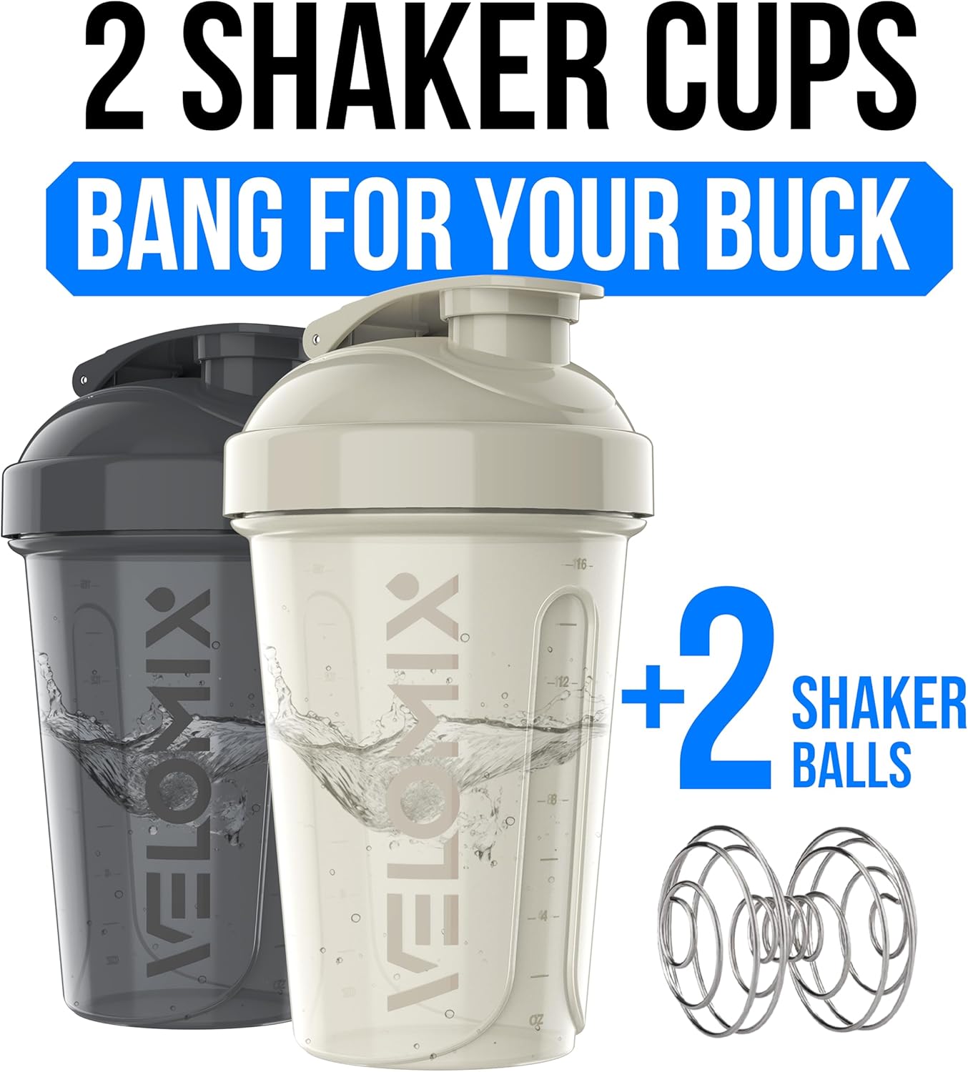 VELOMIX -2 Pack- 20 oz Protein Shaker Bottles for Protein Mixes - 2x Wire Whisk | Leak Proof Shaker Cups for Protein Shakes and Pre Workout | Protein Shaker Bottle Pack (Black/Transparent)