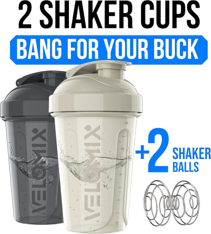 VELOMIX -2 Pack- 20 oz Protein Shaker Bottles for Protein Mixes - 2x Wire Whisk | Leak Proof Shaker Cups for Protein Shakes and Pre Workout | Protein Shaker Bottle Pack (Black/Transparent)