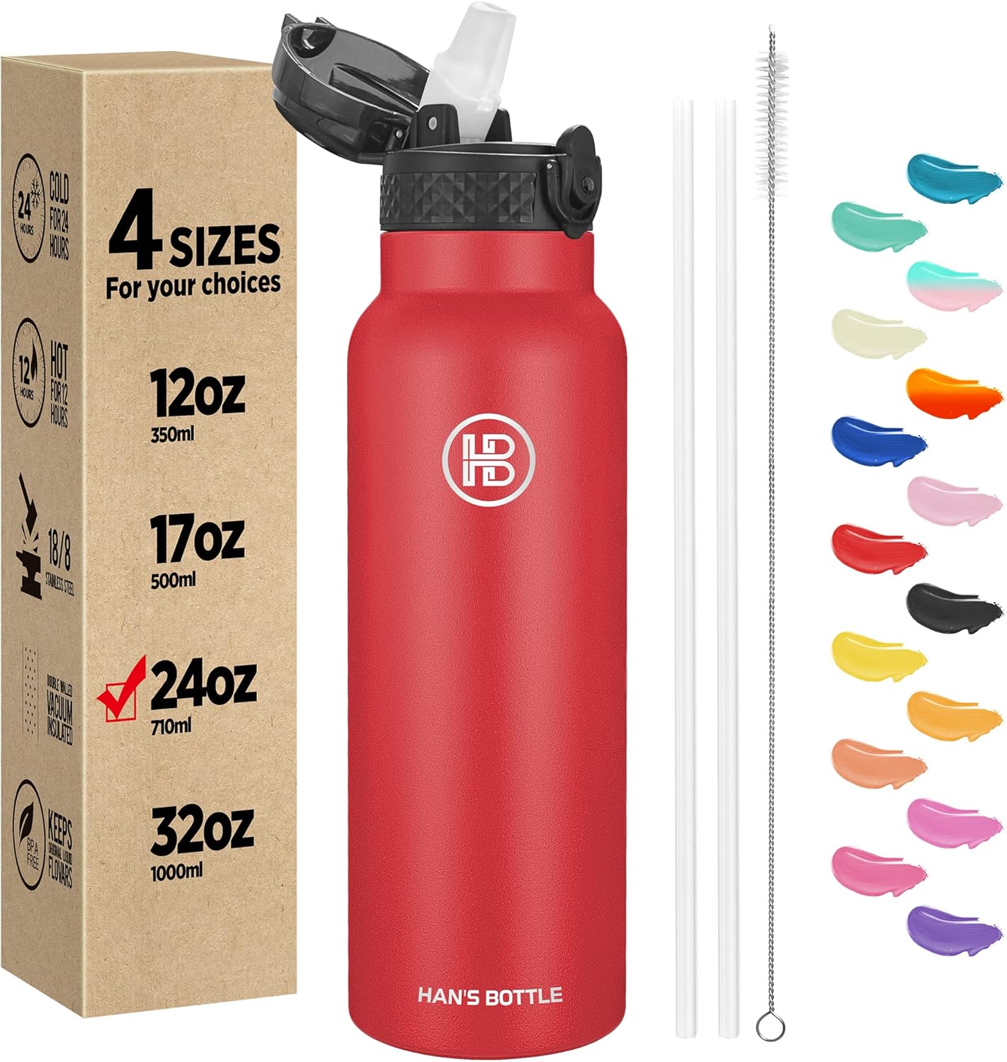 Han's Bottle Sports Water Bottle - 24 Oz, Straw Lid, Leak Proof, Vacuum Insulated Stainless Steel, Double Walled, Thermo Mug,Black