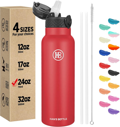 Han's Bottle Sports Water Bottle - 24 Oz, Straw Lid, Leak Proof, Vacuum Insulated Stainless Steel, Double Walled, Thermo Mug,Black