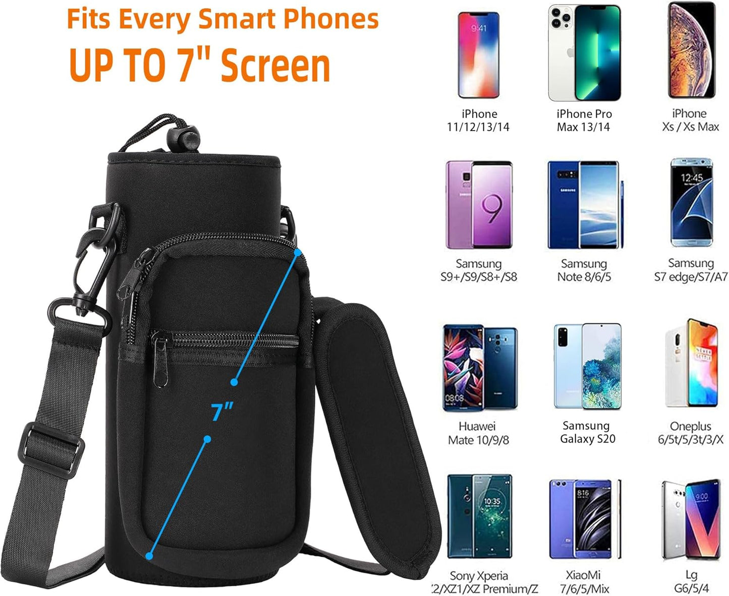 AceTreker 32/40/64/128 oz Neoprene Insulated Water Bottle Carrier Bag, Sling Bag Sleeve Pouch Holder with Strap & Paracord Handle and 2 Pocket for Travelling, Hiking, Camping