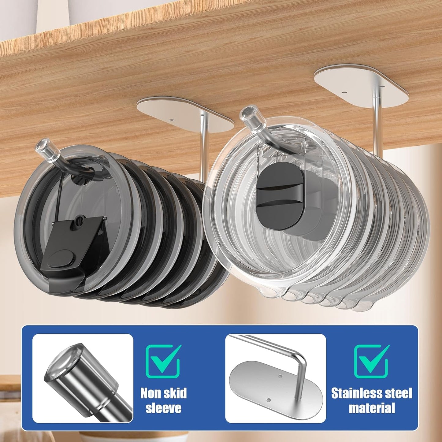 Tumbler Lid Organizer 2 Pack,Space Saving Cup Lid Hook for Simple Modern Cup Lids,Lid Storage Rack Used in Kitchen Storage Cabinet Inside Or Under (Black)