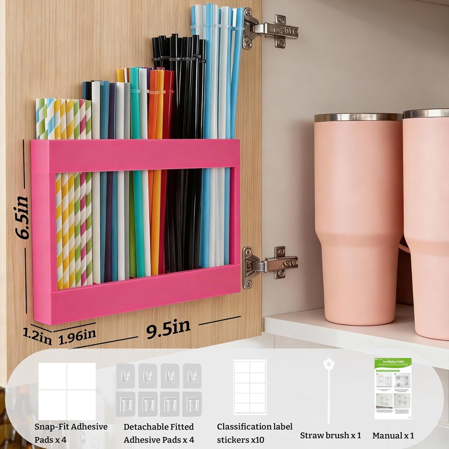 9.5” Large Acrylic Straw Holder for Cabinet Door with Detachable Ultra Sticky Adhesive Squares and Stickers, 2026 Reusable Straws Organizer Storage Dispenser for Kitchen Counter Cupboard