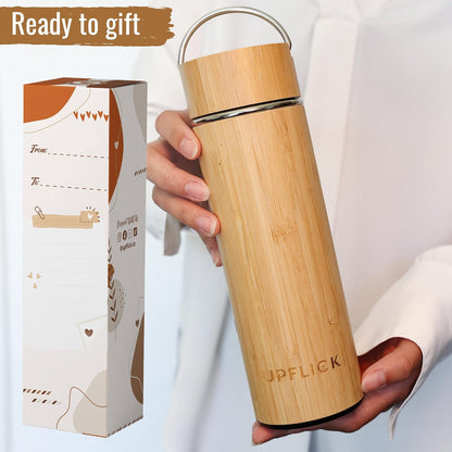 Bamboo Water Bottle Insulated Tea Tumbler for Men Birthday Gift, Women Travel Tea Set with Diffuser for Loose Tea Leaves, Stainless Steel Leak Proof Gift for Mom (15 oz)