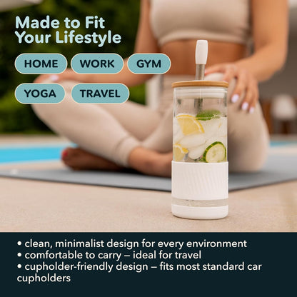 Pandaloo® Glass Cups With Lids and Straws -20 Fl Oz- Perfect Size Iced Coffee Cup - Smoothie Cup With Bamboo Lid and On the go Lid - Glass Tumbler With Straw (1 Count (Pack of 1), Lilac Rhapsody)