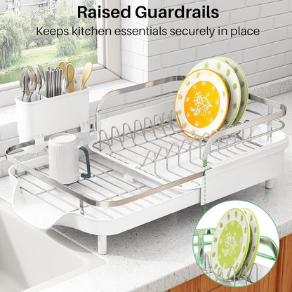 SAYZH Dish Drying Rack - Expandable Dish Rack for Kitchen Counter, Rust-Resistant Dish Drainer with Utensil Holder and Raised Guardrail, Kitchen Organizer for Cup and Bottle (Black)