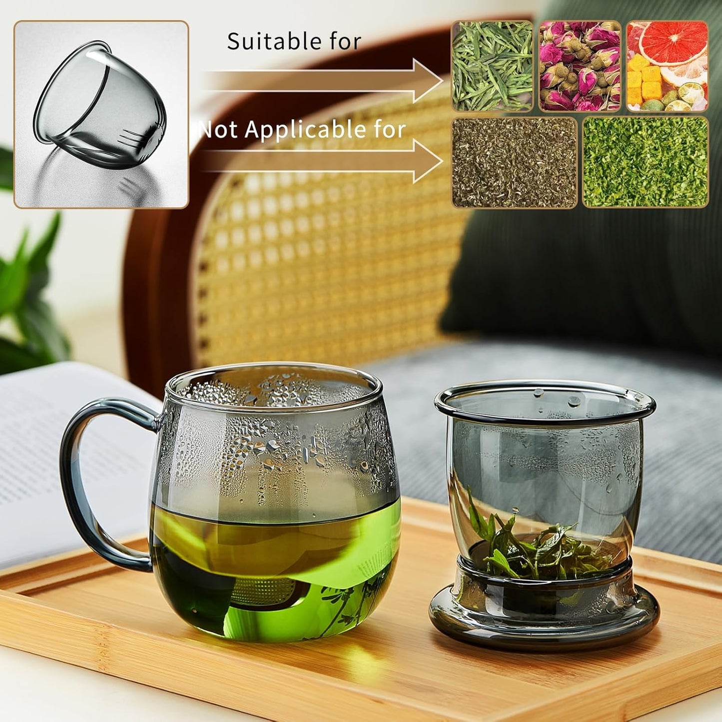 DOPUDO Glass Tea Cup with Infuser and Lid, 17.6oz/520ml Large Borosilicate Teacup,Tea Glass, Clear Mug for Loose Leaf Tea, Blooming Tea, Microwave & Dishwasher Safe - Tea Maker Gift for Birthday.