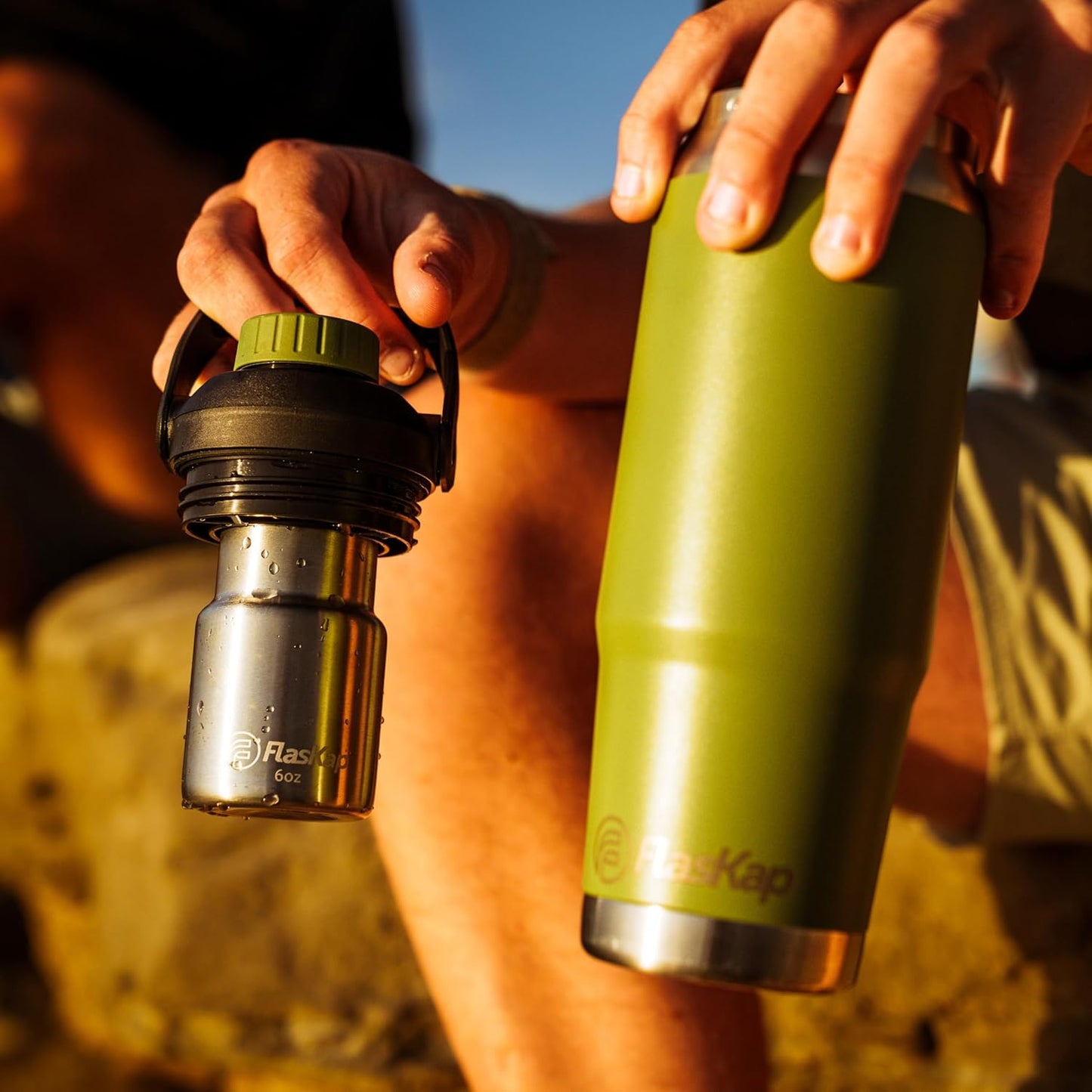 Flaskap FreePour System: 6oz Mixed Drink Tumbler Attachment and 26oz Cup Holder Friendly, Stainless Steel Water Bottle, Removable Hidden Flask Reservoir
