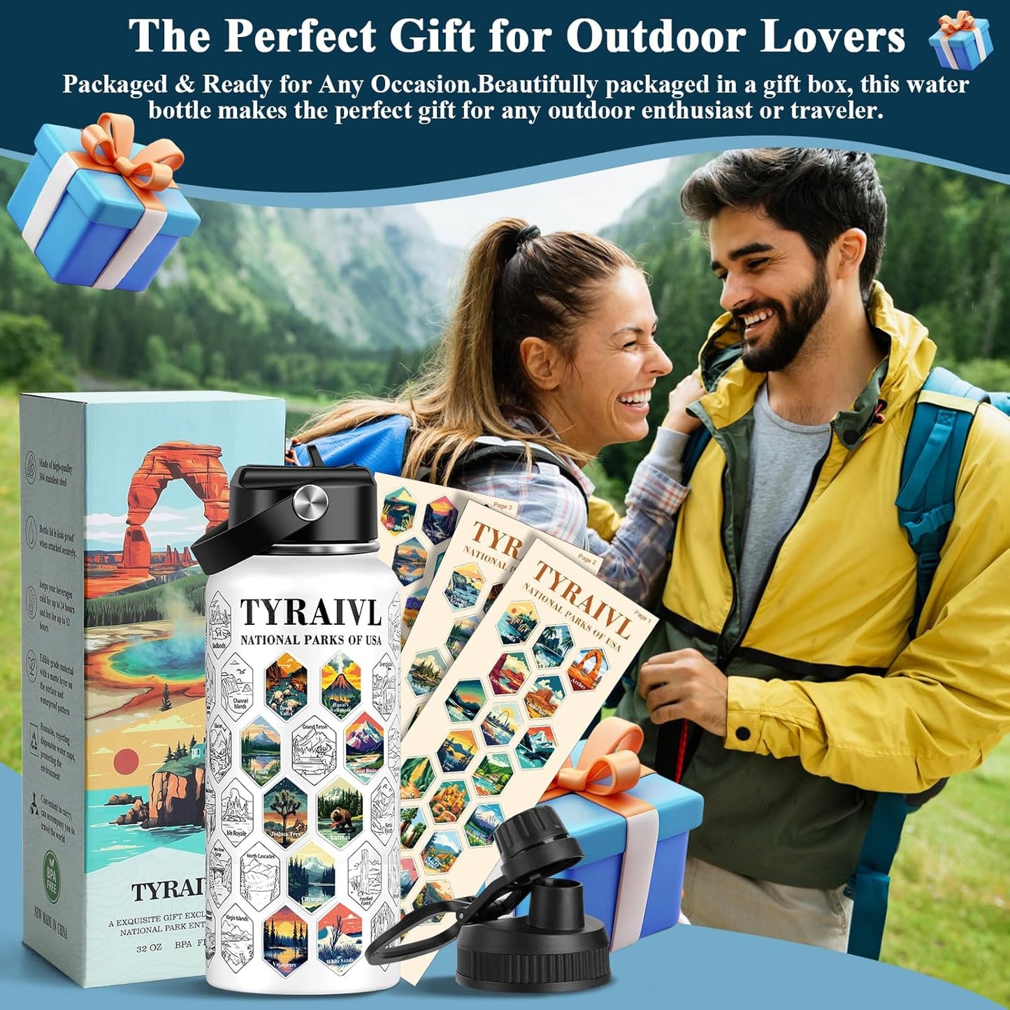 National Parks Water Bottle with Stickers, Birthday Gifts for Men and Women, 32oz Wide Mouth Leakproof Stainless Steel Bucket List Insulated Bottle for Camping & Hiking