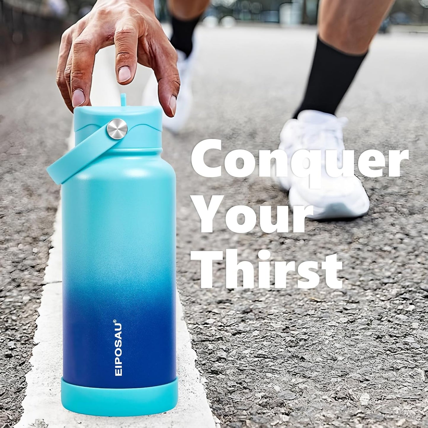 Insulated Water Bottle with Lid & Boot & Stickers, 24 oz Stainless Steel Sweat Free Bottle Keep Cold 24H, BPA-Free Sports Wide Mouth Water Bottle, BlueBlack