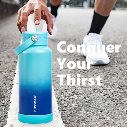 Insulated Water Bottle with Lid & Boot & Stickers, 24 oz Stainless Steel Sweat Free Bottle Keep Cold 24H, BPA-Free Sports Wide Mouth Water Bottle, BlueBlack