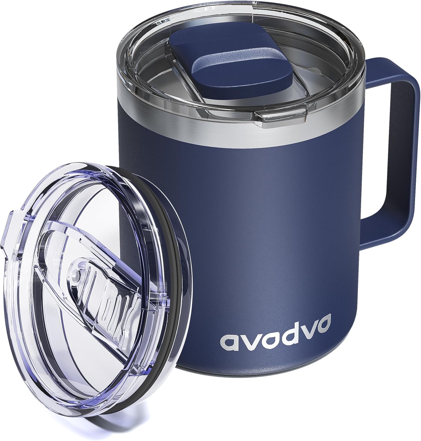 12oz Insulated Coffee Mug with Lid – Includes Two Lids, Stainless Steel Coffee Travel Mug with Handle, Double Wall Vacuum Insulated Camping Mug for Home, Office & Outdoor, Navy Blue