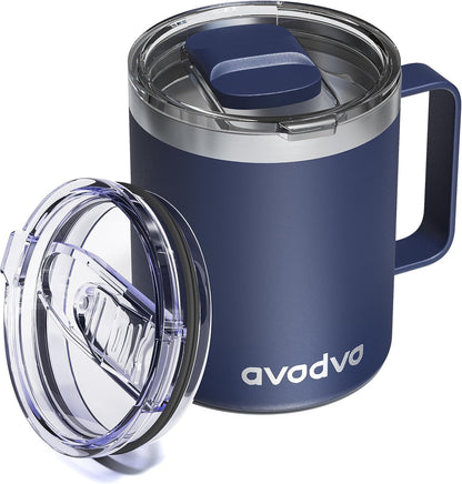 12oz Insulated Coffee Mug with Lid – Includes Two Lids, Stainless Steel Coffee Travel Mug with Handle, Double Wall Vacuum Insulated Camping Mug for Home, Office & Outdoor, Navy Blue