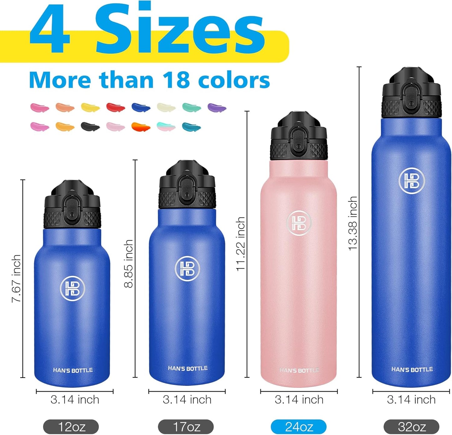 Han's Bottle Sports Water Bottle - 24 Oz, Straw Lid, Leak Proof, Vacuum Insulated Stainless Steel, Double Walled, Thermo Mug,Black