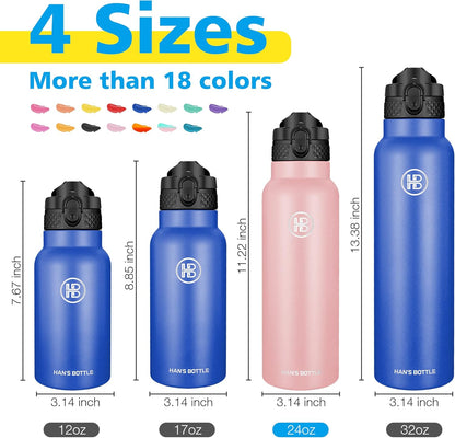 Han's Bottle Sports Water Bottle - 24 Oz, Straw Lid, Leak Proof, Vacuum Insulated Stainless Steel, Double Walled, Thermo Mug,Black