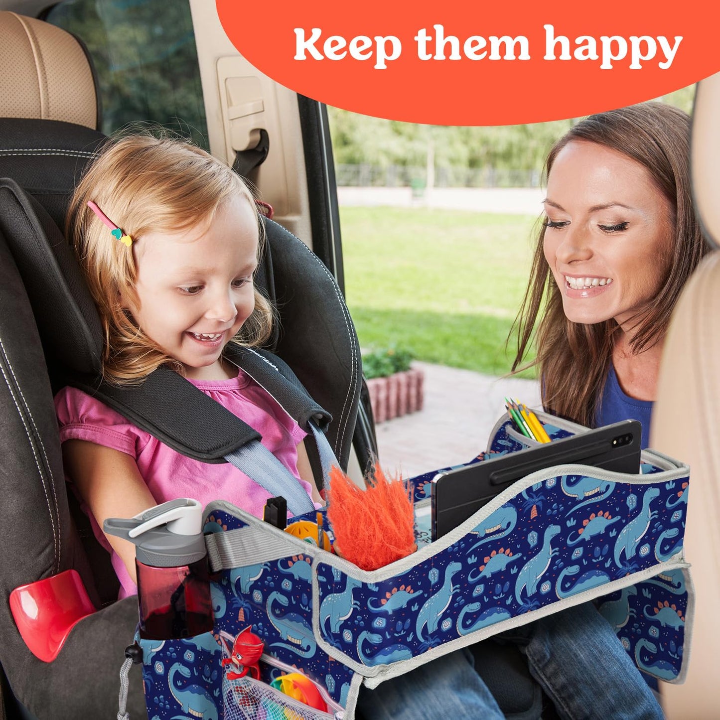 PILLANI Kids Travel Tray for Car - Car Seat Tray with Activity Sheets & Pens, Road Trip Essentials for Car & Airplane, Must Have Toddler Travel Lap Desk Accessories - Road Trip Activities for Kids