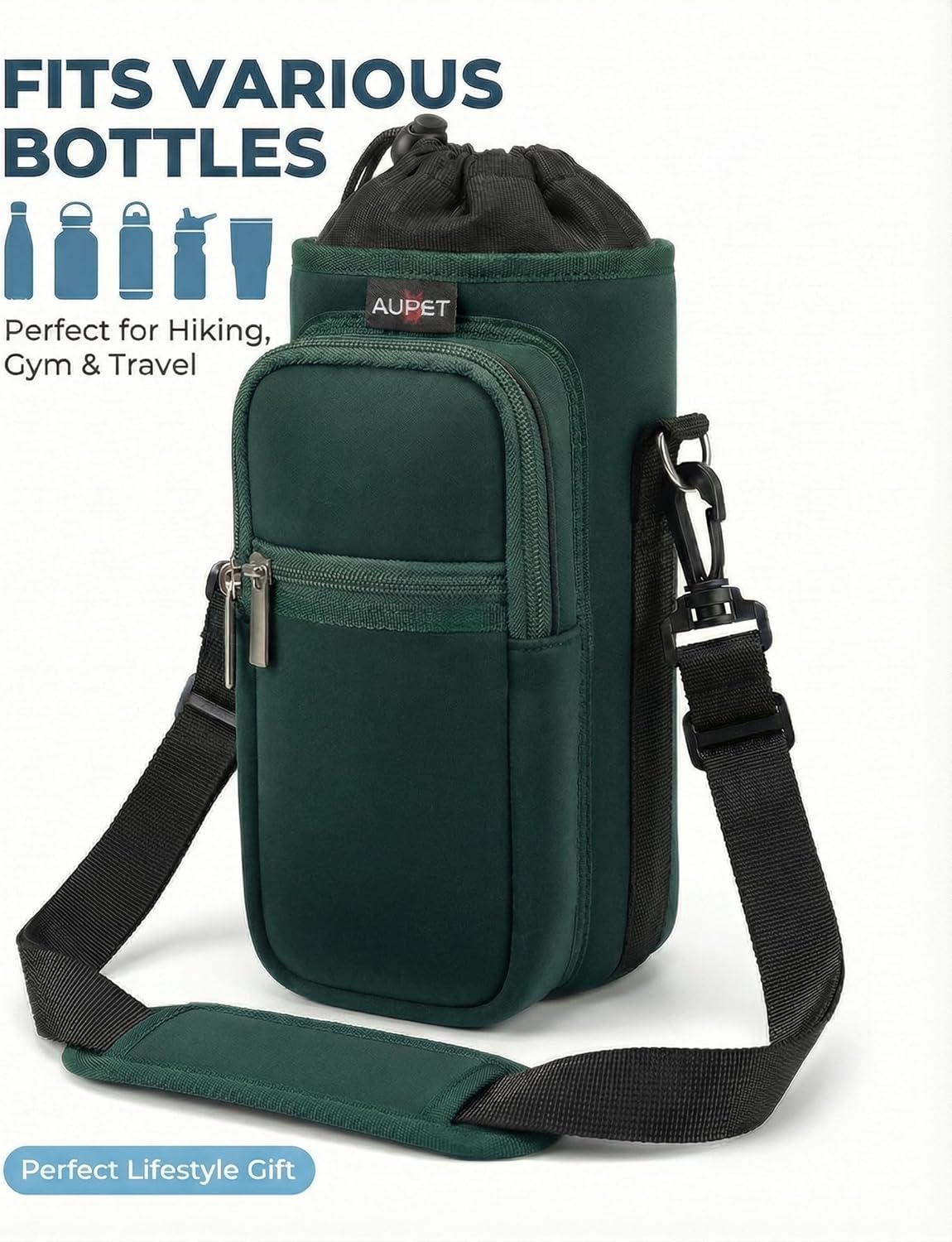AUPET Water Bottle Sling Bag Sleeve Holder Carrier 25/32/40/64 oz,Insulated Crossbody Water Bottle Case Cover with Strap and Pockets for Men/Women Walking Hiking