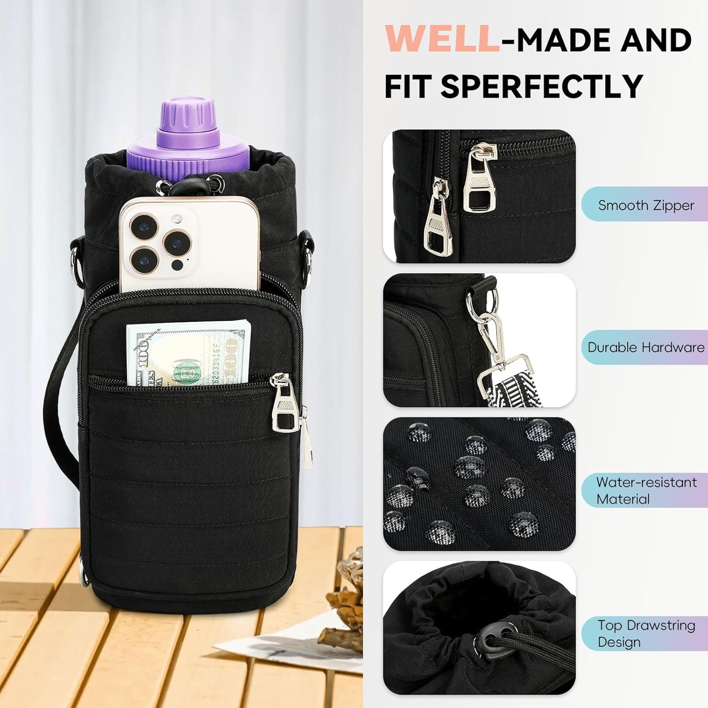 Water Bottle Carrier Bag with Strap, Sling Bag for Walking, Hiking, Cycling, Black, 40 Ounces