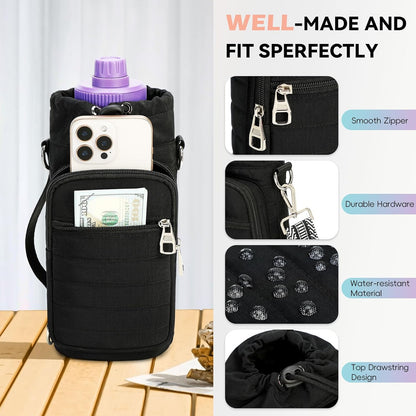 Water Bottle Carrier Bag with Strap, Sling Bag for Walking, Hiking, Cycling, Black, 40 Ounces