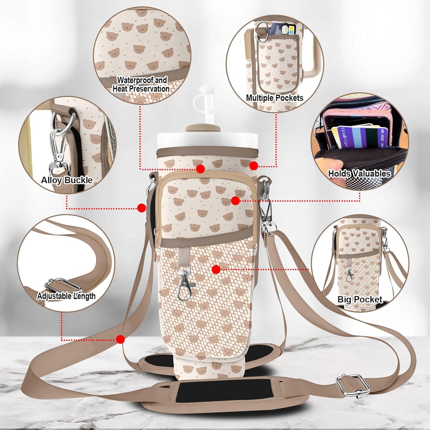 Stanley Carrier Bag for Stanley 40oz/30ozTumbler with Phone with 2 Adjustable Strap,3 Pockets Bottle Stanley Cup Carrier Bag & Case,Accessories for Hiking Travelling