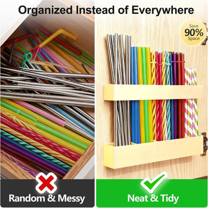 9.5” Large Acrylic Straw Holder for Cabinet Door, Reusable Adjustable Two-Part Straws Organizer with Ultra Sticky Adhesive Strips, 2026 Straw Storage for Kitchen Cupboard (Transparent)