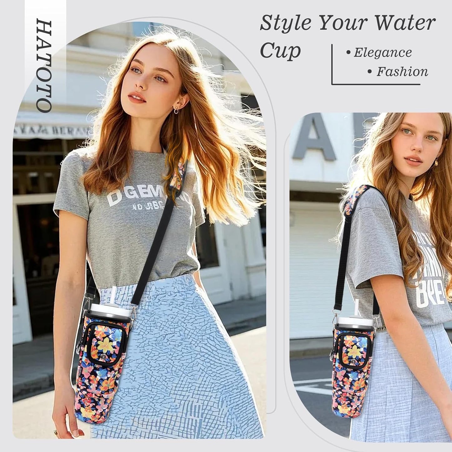 Water Bottle Holder with Strap for Stanley Cup 40/30oz, Insulated Neoprene Stanley Cup Holder with Strap for Tumbler with Handle Stanley Carrier Bag Cross-body Bag for Walking