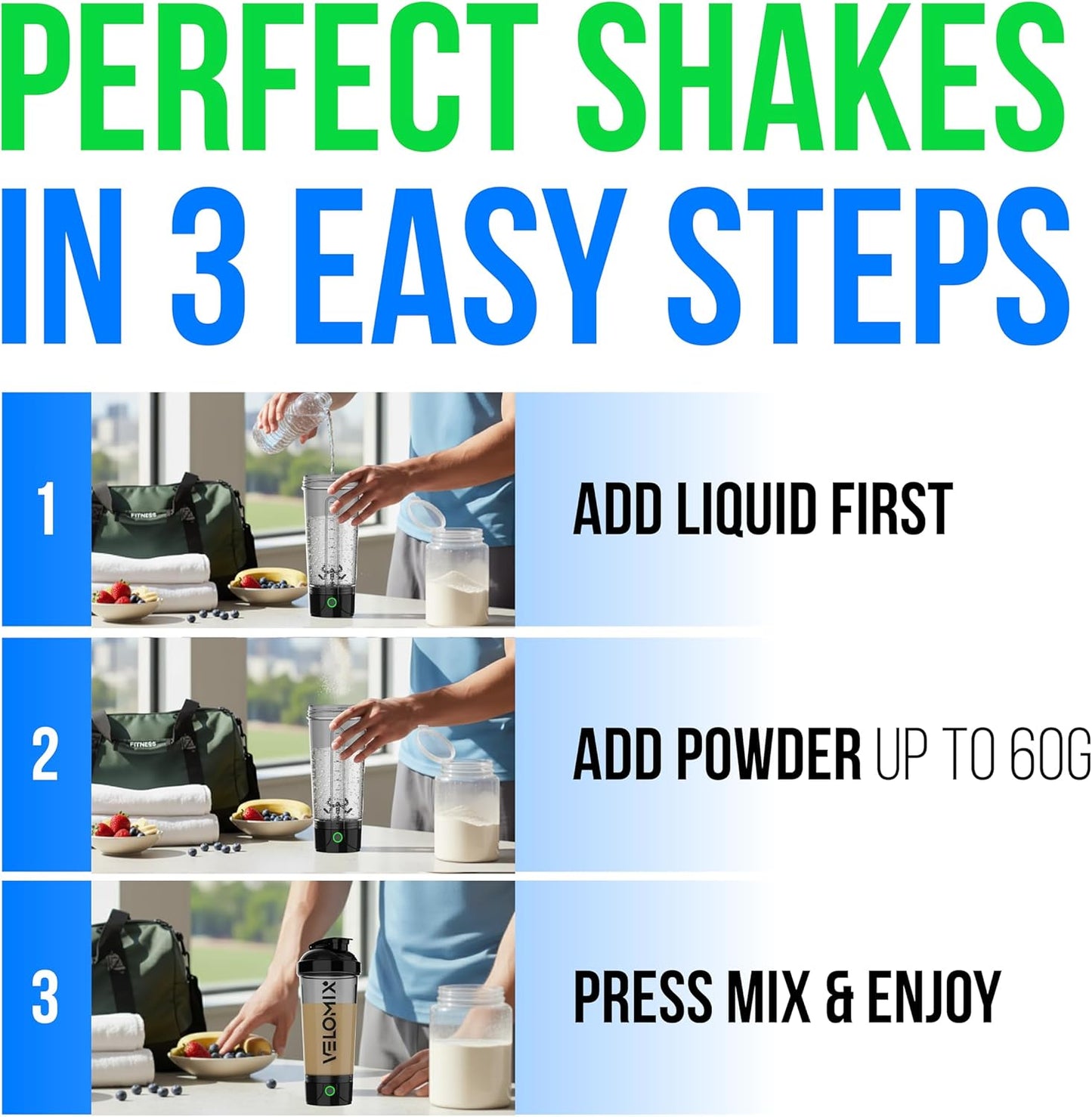 VELOMIX Electric Protein Shaker Bottle - 24 oz | USB-C Rechargeable | Leak Proof Shaker Cups for Protein Shakes | Portable Blender for Shakes and Smoothies (Electric-Transparent)