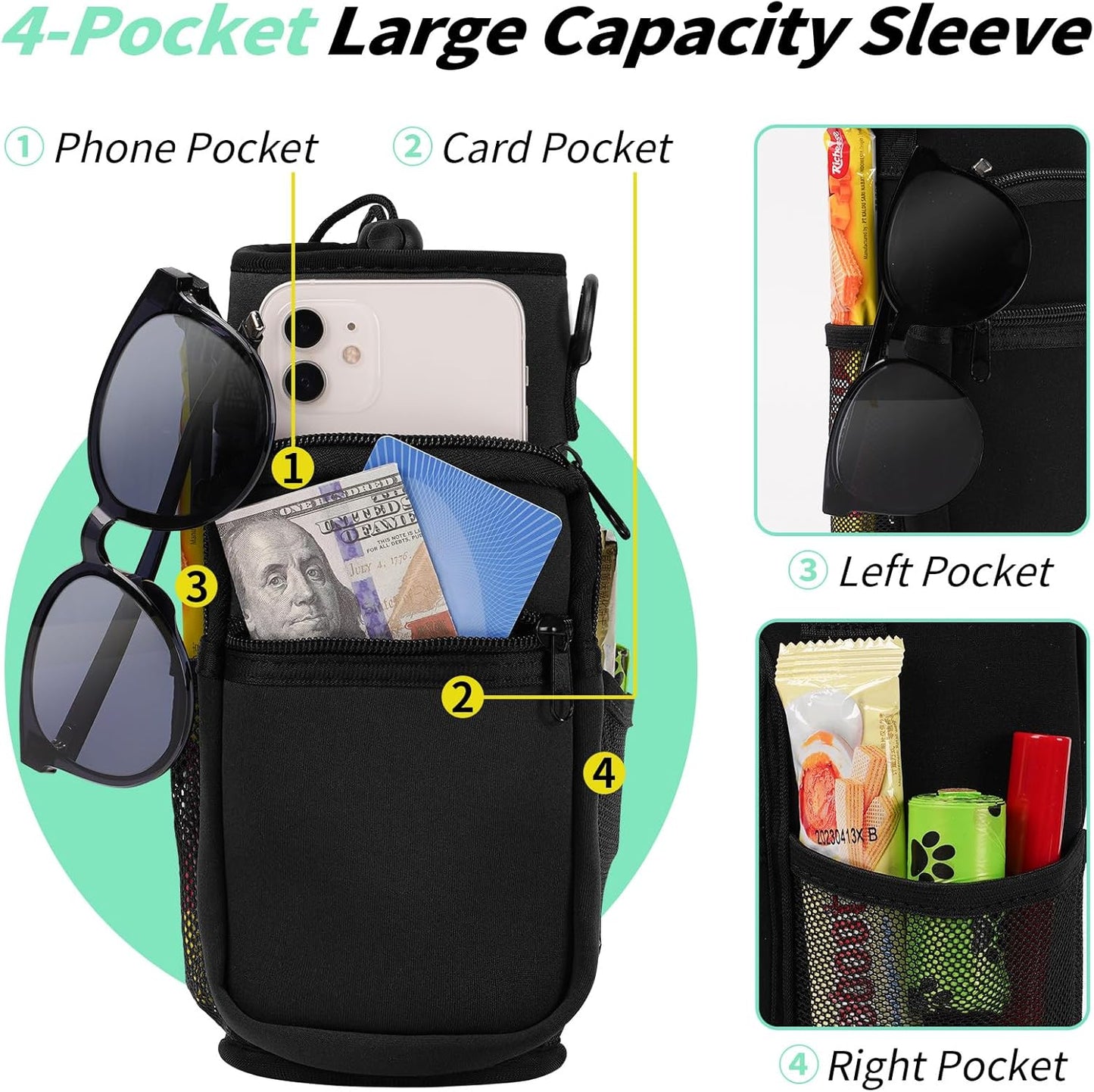 AceTreker 32/40/64/87/128 oz Water Bottle Carrier Bag, Neoprene Water Bottle Sleeve with 4 Pocket, Sport Water Holder with Paracord Handle and Shoulder Strap for Walking Hiking Camping Gym