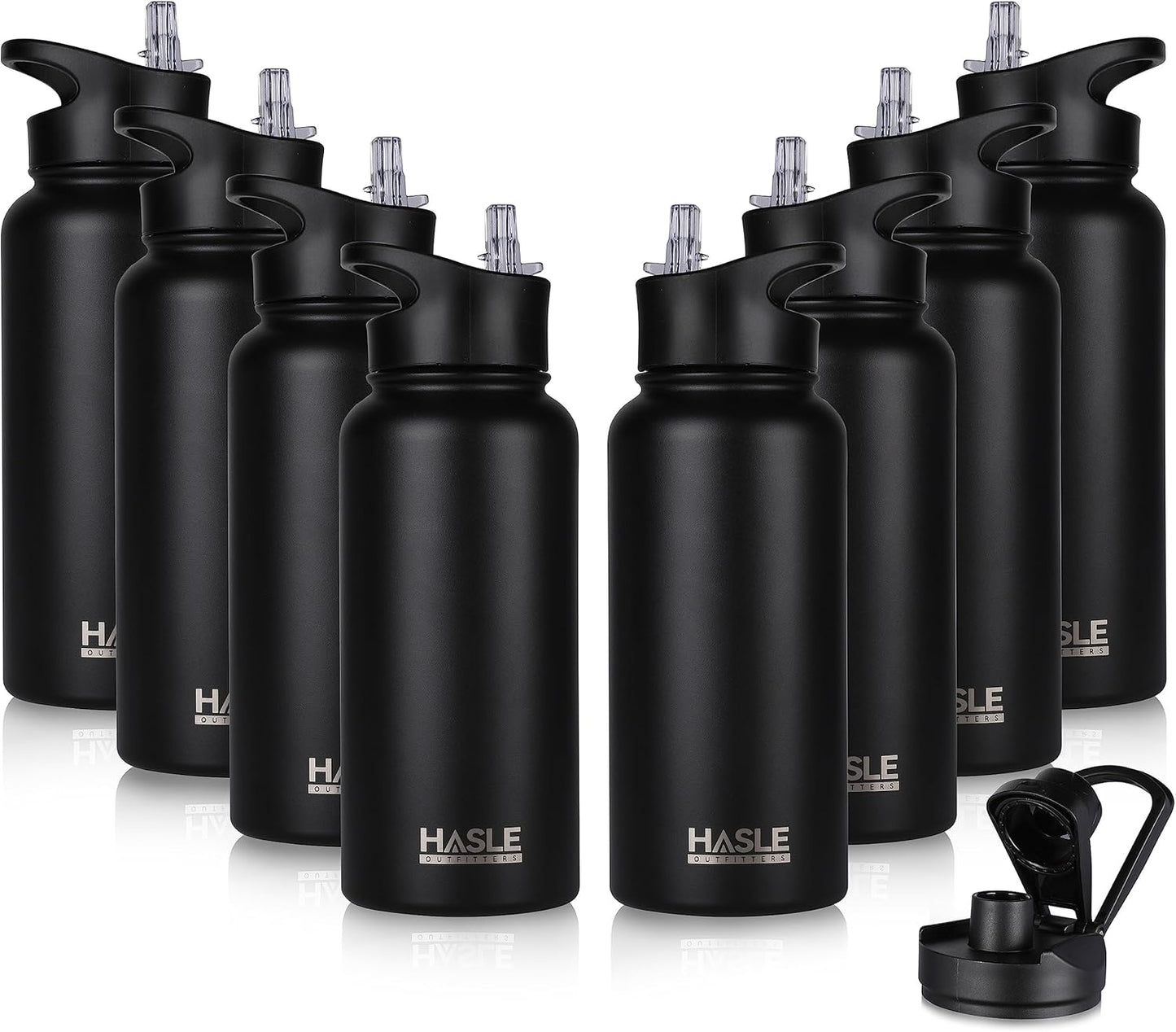 HASLE OUTFITTERS 32 oz Insulated Water Bottle Stainless Steel Double Walled Vacuum Sports Water Bottle with 2 Lids (Straw and Spout Lid) for Gym Camping Hiking(Black,1)