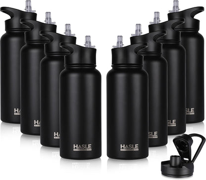 HASLE OUTFITTERS 32 oz Insulated Water Bottle Stainless Steel Double Walled Vacuum Sports Water Bottle with 2 Lids (Straw and Spout Lid) for Gym Camping Hiking(Black,1)