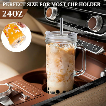 2Pack 40OZ Glass Tumbler with Handle,Glass Cup with Lid and Straw,Reusable Glass Iced Coffee Cup for Beer, Smoothies, Juice,Hot/Cold Drinks-Suitable for Birthday,Wedding