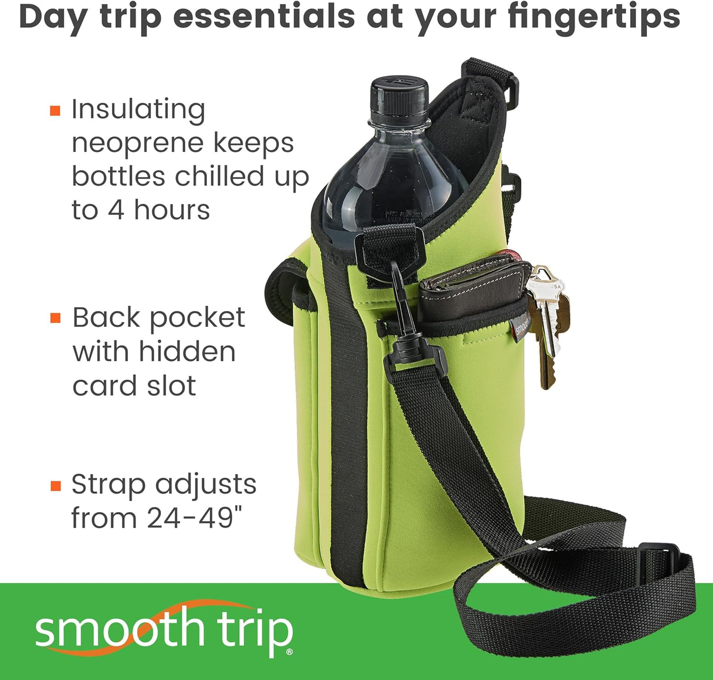 Smooth Trip AquaPockets Neoprene Water Bottle Holder with Strap - Neoprene Sling Bag with Water Bottle Holder, Phone Pouch and Adjustable Strap for Walking and Hiking - Fits up to 32 oz. Bottles