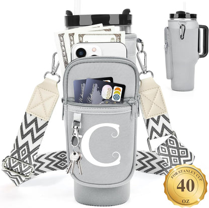 LOKASS Personalized Water Bottle Holder with Strap for Stanley Cup Accessories 40 oz, Initial for Stanley Cup Holder Carrier Bag with Phone Pocket, Stylish Tumbler Accessories for Daily Use Hands-Free