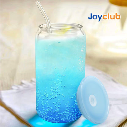 Joyclub 8pcs 16 oz Glass Cups with Acrylic Lids and Straws Can Shaped Iced Coffee Glasses Cute Tumbler Set Drinking Jars for Smoothie Soda Boba Beer Party Housewarming Gifts