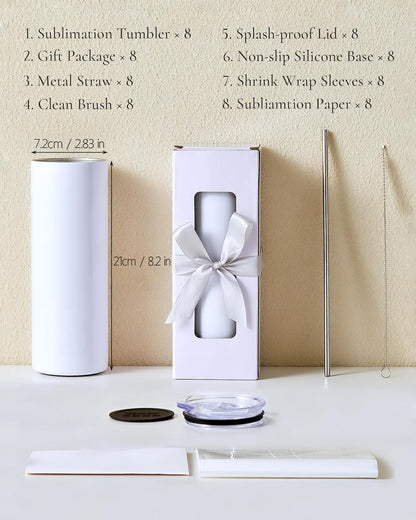 8 Pack 20oz Sublimation Tumbler Blanks Skinny Straight in Bulk, Stainless Steel Insulated Sublimation Tumbler with Polymer Coating for Heat Transfer, With Lid, Straw, ribbon, Gift box