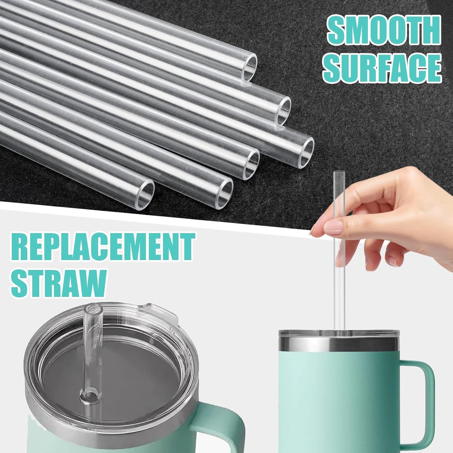 Straws for Yeti 35 oz Rambler Tumbler, 6Pcs 9.5 Inch Reusable Replacement Straws, BPA-Free Hard Plastic Accessories with 1 Cleaning Brush, Ideal for Smoothies, Milkshakes