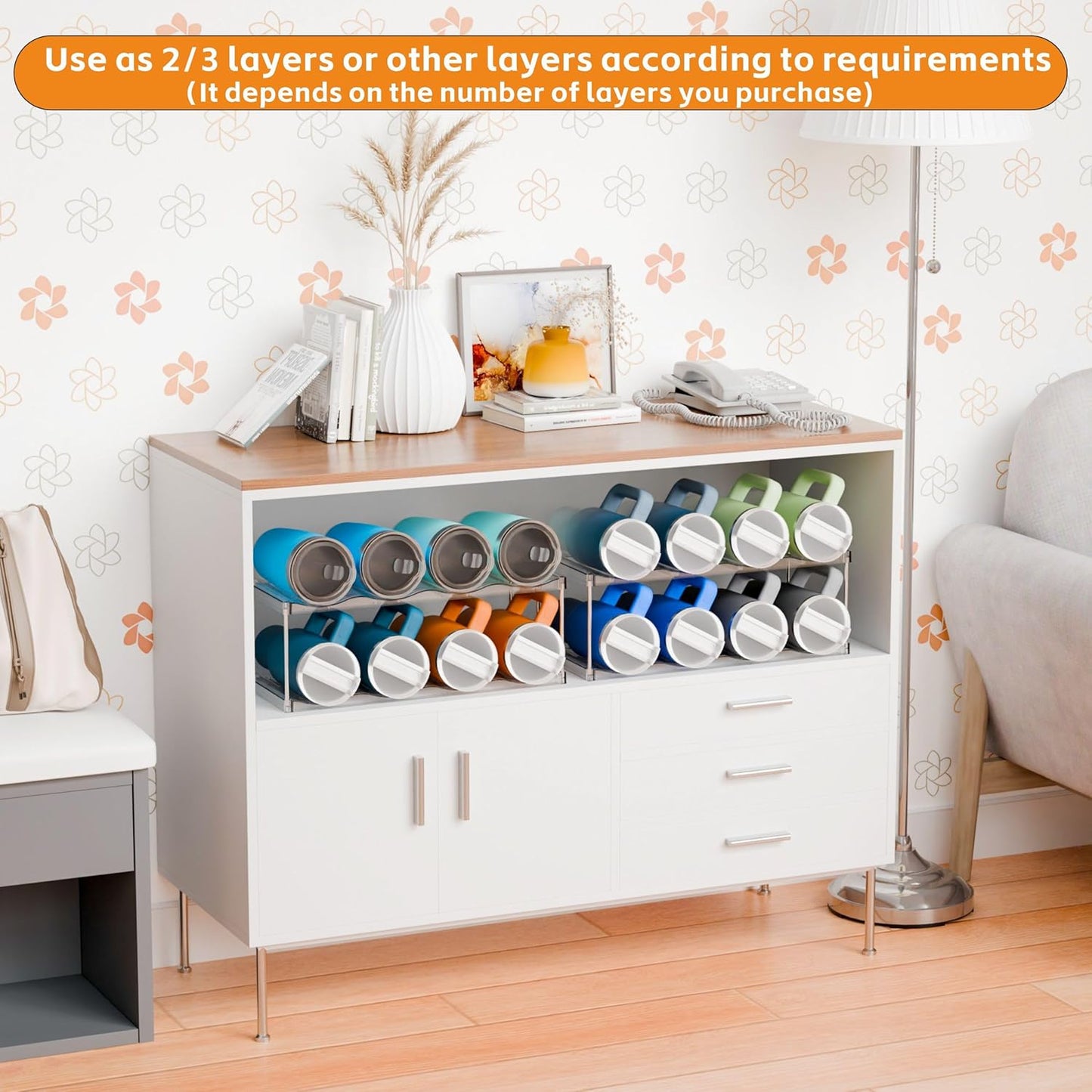 Yieach Larger Compartments Stackable Water Bottle Organizer for 40 oz Stanley Cup Holder,Yeti and Other Tumbler Organizer,3 Tier Wine Rack and Waterbottle Storage Rack for Kitchen Cabinets,Countertop