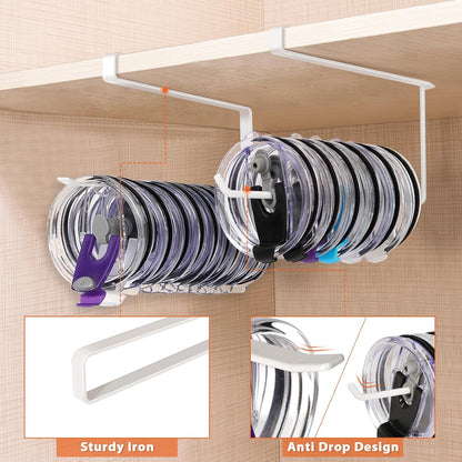Tumbler Lid Organizer, Horizontal Tumbler Lid Storage Hook Up to 10 Lids, Space Saving Cup Lid Holders Under Cabinet Tumbler Lid Hook for Kitchen Organizer and Storage,Hanging Paper Towel Rack Hanger