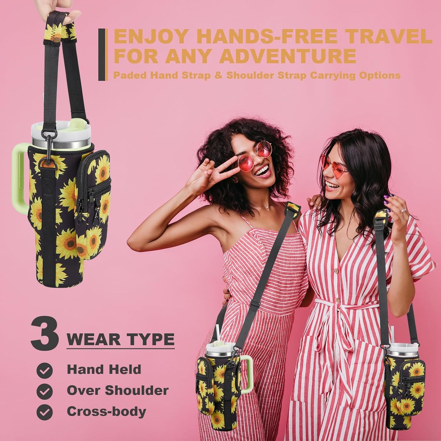 BULKITEM Water Bottle Carrier Bag with Phone Pocket for Stanley 40 & 30 oz Tumbler with Handle,Pink Insulated Neoprene Cup Holder Pouch w/Adjustable Strap for Quencher H2.0 Stanley Cup Accessories