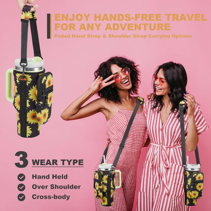 BULKITEM Water Bottle Carrier Bag with Phone Pocket for Stanley 40 & 30 oz Tumbler with Handle,Pink Insulated Neoprene Cup Holder Pouch w/Adjustable Strap for Quencher H2.0 Stanley Cup Accessories