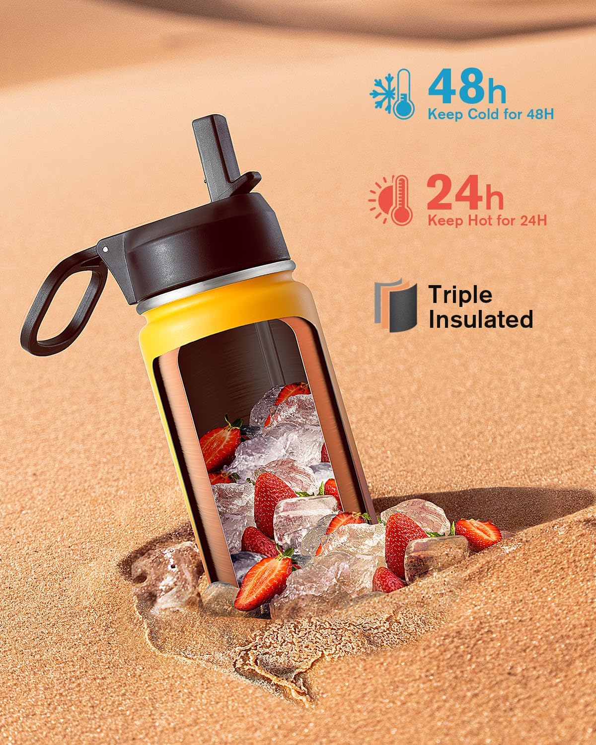 Half Gallon Water Bottle Insulated with Straw & 3 Lids, Coolflask 64 oz Water Jug Large Metal Stainless Steel Wide Mouth for Sports, Gym or Office, Non-BPA Keep Cold 48H Hot 24H, Samurai Cyan
