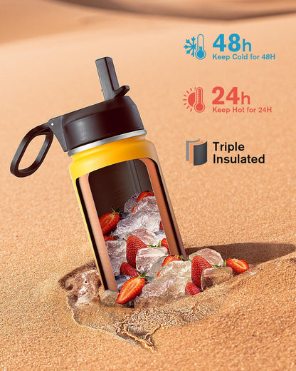 Half Gallon Water Bottle Insulated with Straw & 3 Lids, Coolflask 64 oz Water Jug Large Metal Stainless Steel Wide Mouth for Sports, Gym or Office, Non-BPA Keep Cold 48H Hot 24H, Samurai Cyan
