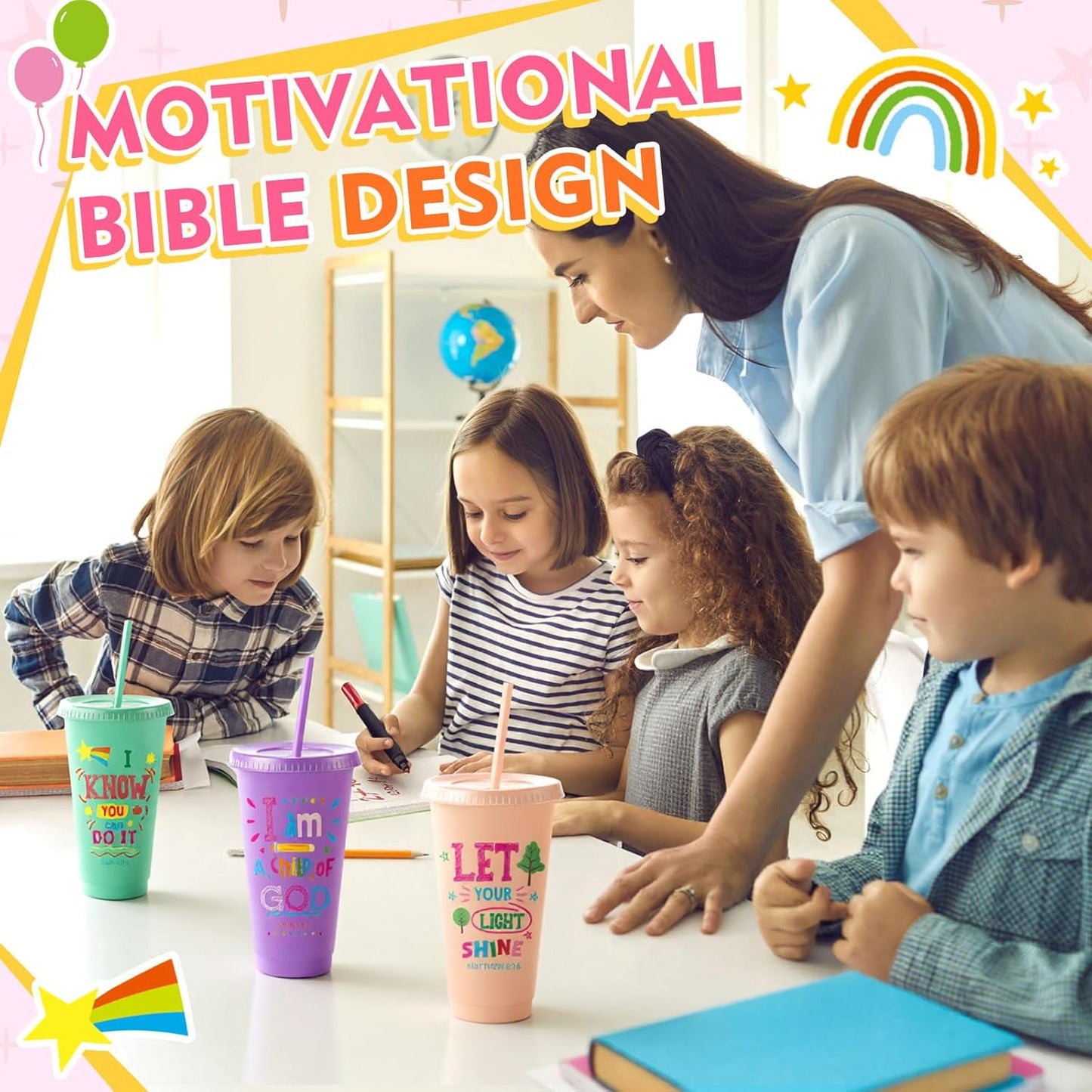 Uiifan 10 Pcs Christian Tumblers with Straws for Kids, Bible Verse Cups for VBS, Sunday School, Church Party Favors and Faith Gifts, Reusable Plastic Tumblers with Lids, 24 oz, White